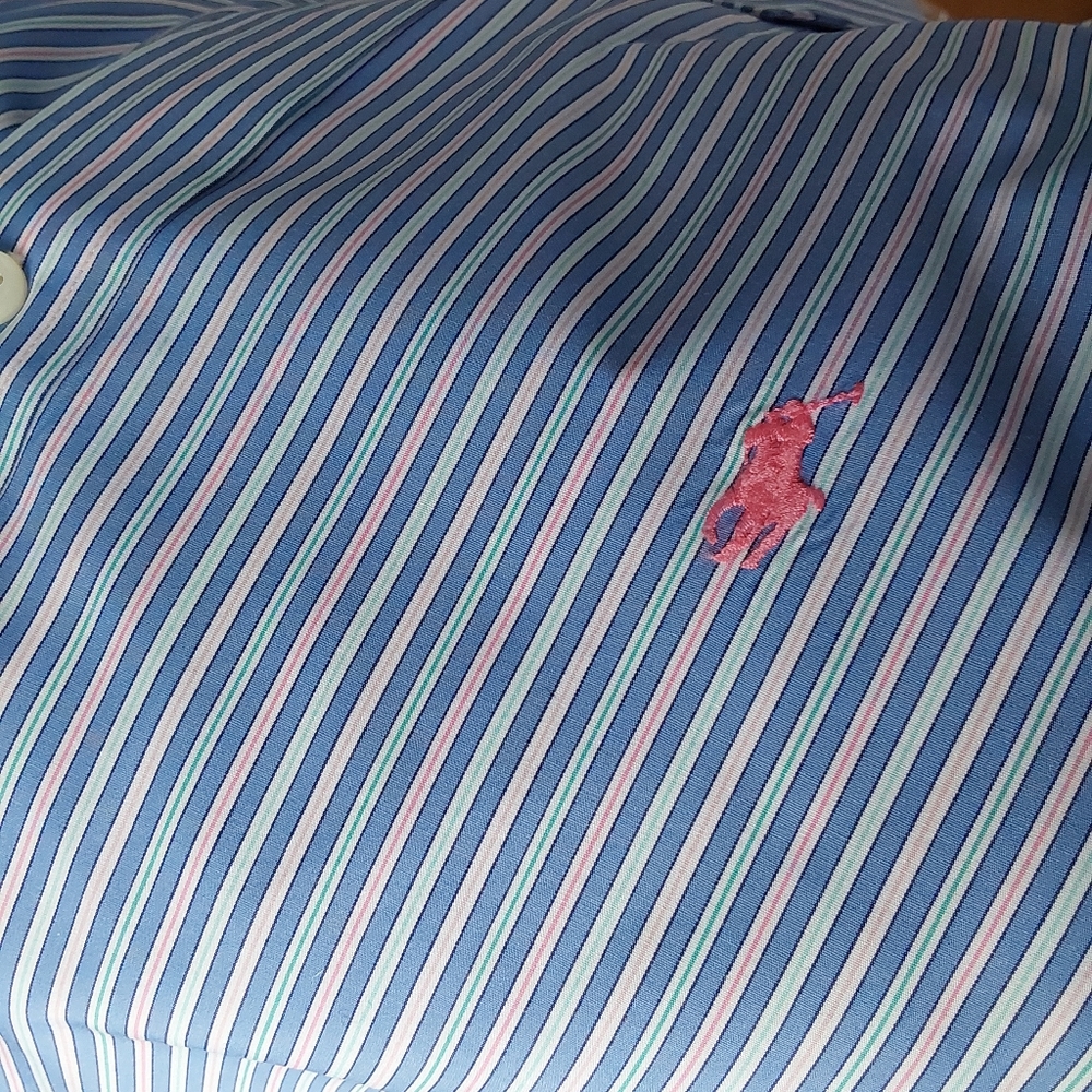 Polo for Ralph Lauren Shirt 151/2 32-33 Blue and Pink Vertical Stripes